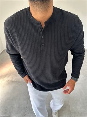 Siyah Renk Düğme Detaylı İnce Sweatshirt