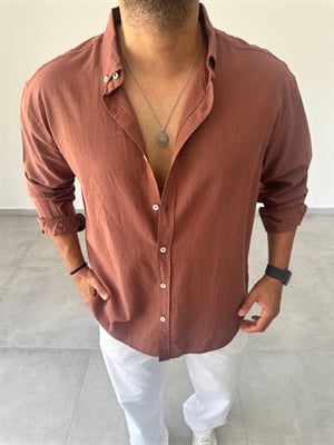 Kahve Renk Oversize Kesim Fresh Keten Gömlek
