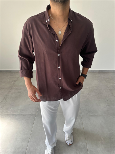 Kahve Renk Oversize Kesim Fresh Keten Gömlek