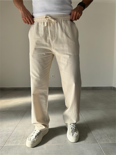 Bej Renk Yıkamalı Bel Kısmı Lastikli Baggy Keten Pantolon
