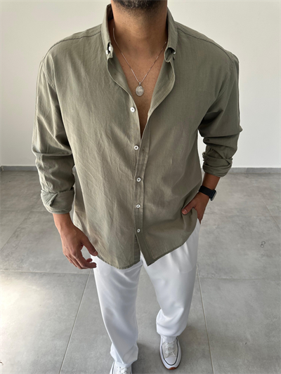 Haki Yeşili Oversize Kesim Fresh Keten Gömlek
