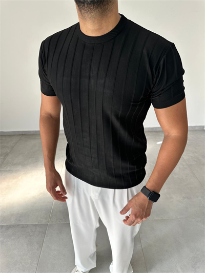 Şerit Detaylı Siyah Renk Basic T-Shirt