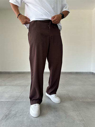 Tensel Kumaş Bel Kısmı Lastik Ve Bağcık Detaylı Kahve Renk Baggy Pantolon