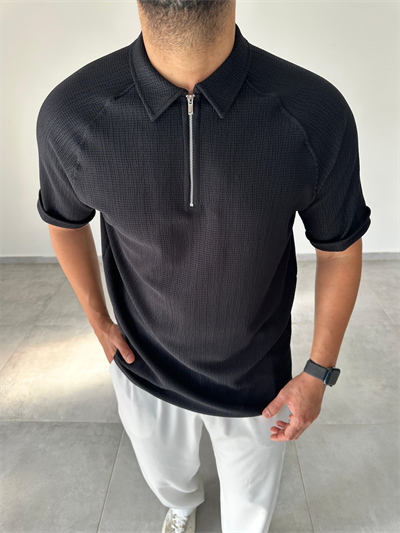Siyah Renk Fermuarlı Polo Yaka T-Shirt