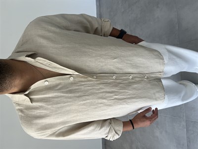 Ham Keten Oversize Kesim Taş Renk Premium Keten Gömlek