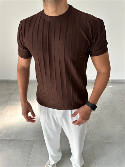Şerit Detaylı Kahve Renk Basic T-Shirt