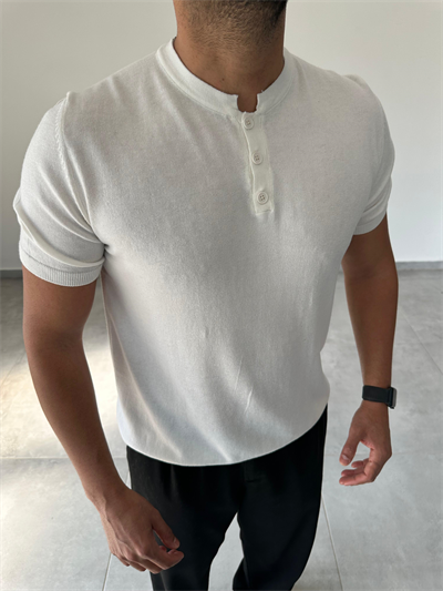 Düğme Detaylı Beyaz Renk  Premium Kalite Basic Triko T-Shirt