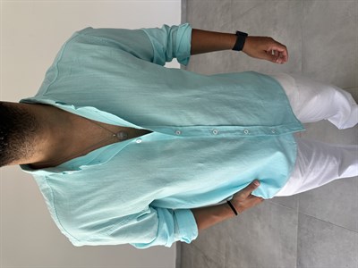 Turkuaz Renk Oversize Kesim Fresh Keten Gömlek