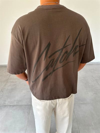 Kahve Renk Catch Baskılı Crop Fit Oversize T-Shirt