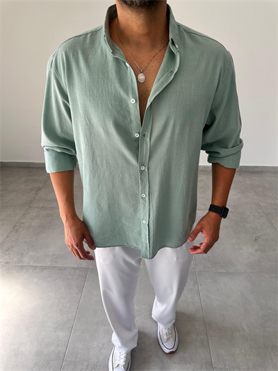 Mint Yeşili Oversize Kesim Fresh Keten Gömlek