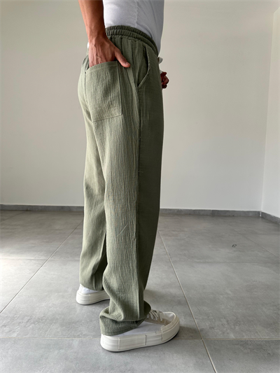 Haki Yeşil Renk Müslin Keten Baggy Pantolon