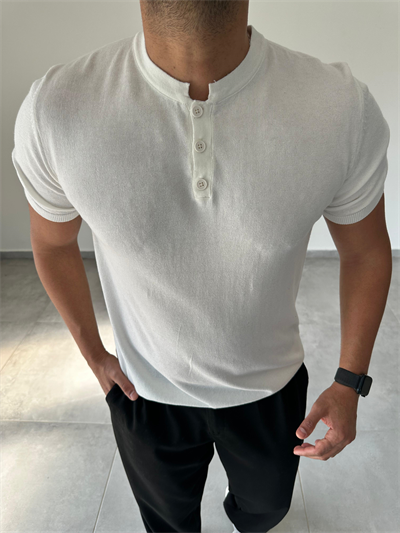 Düğme Detaylı Beyaz Renk  Premium Kalite Basic Triko T-Shirt
