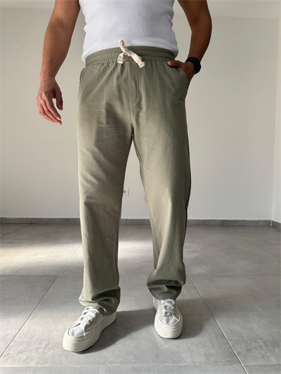 Haki Yeşil Renk Yıkamalı Bel Kısmı Lastikli Baggy Keten Pantolon