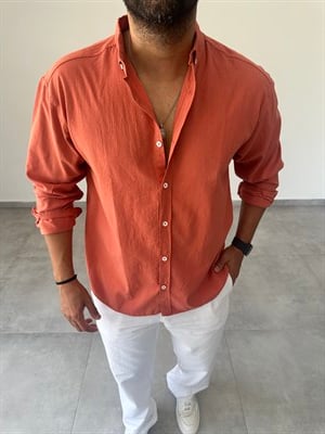Kiremit Renk Oversize Kesim Fresh Keten Gömlek