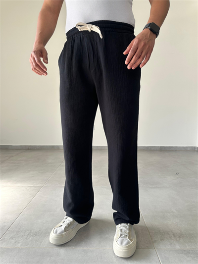 Siyah Renk Müslin Keten Baggy Pantolon