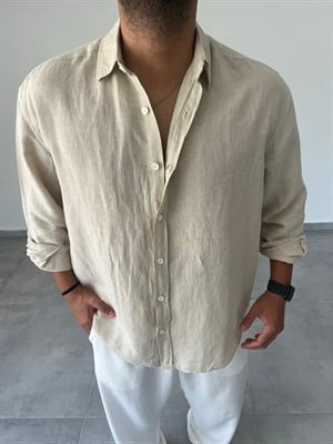 Ham Keten Oversize Kesim Taş Renk Premium Keten Gömlek