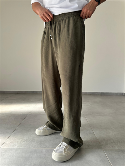 Tensel Kumaş Haki Yeşil Renk Rahat Kesim İnce Baggy Pantolon