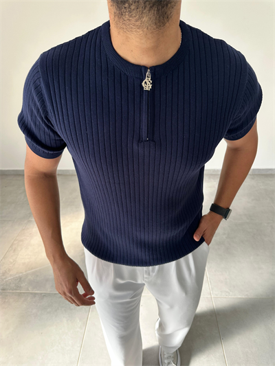 Lacivert Renk Fermuar Detaylı Premium Kalite Basic Triko T-Shirt