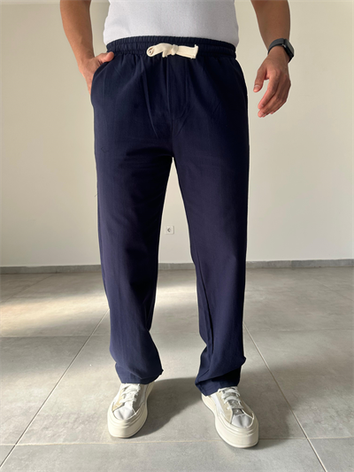 Lacivert Renk Yıkamalı Bel Kısmı Lastikli Baggy Keten Pantolon