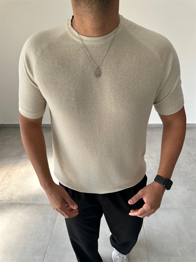 Reglan Kol Detaylı Bej Renk Premium Kalite Basic Triko T-Shirt