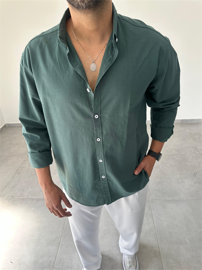 Zümrüt Yeşili  Oversize Kesim Fresh Keten Gömlek
