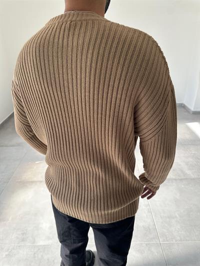 Açık Kahve Renk Bisiklet Yaka Oversize Örme Kazak
