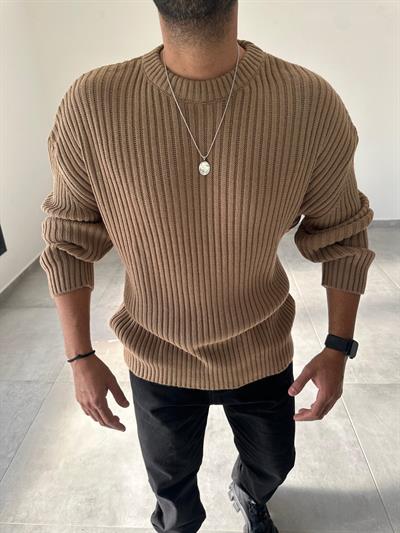 Açık Kahve Renk Bisiklet Yaka Oversize Örme Kazak