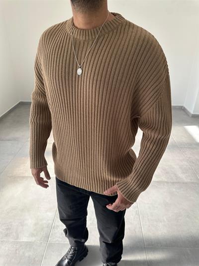 Açık Kahve Renk Bisiklet Yaka Oversize Örme Kazak
