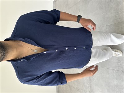 Lacivert Renk Relax Fit Keten Gömlek