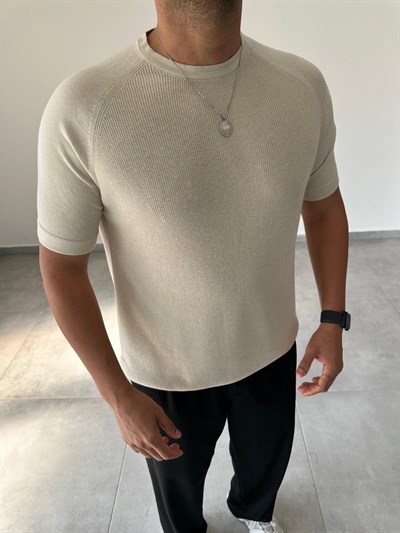 Reglan Kol Detaylı Bej Renk Premium Kalite Basic Triko T-Shirt