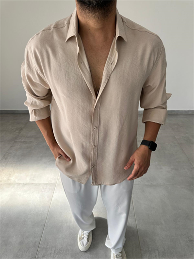 Modal Kumaş Bej Renk Oversize Kesim Gömlek
