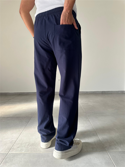 Lacivert Renk Yıkamalı Bel Kısmı Lastikli Baggy Keten Pantolon
