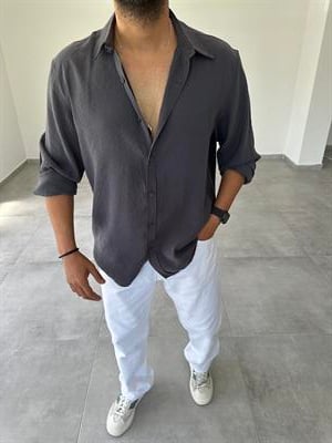Antrasit Renk Tensel Kumaş Oversize Kesim Gömlek