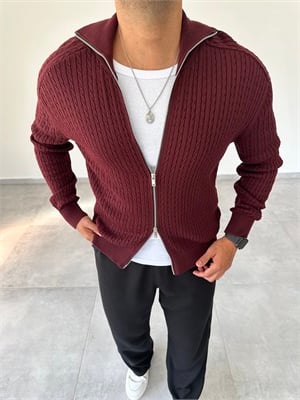 Bordo Renk Çift Fermuarlı Örgü Desenli Triko Ceket