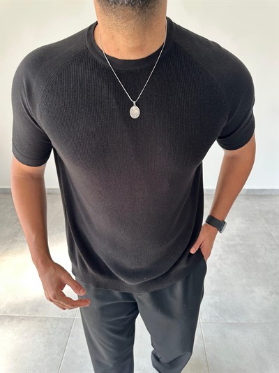 Reglan Kol Detaylı Siyah Renk Premium Kalite Basic Triko T-Shirt