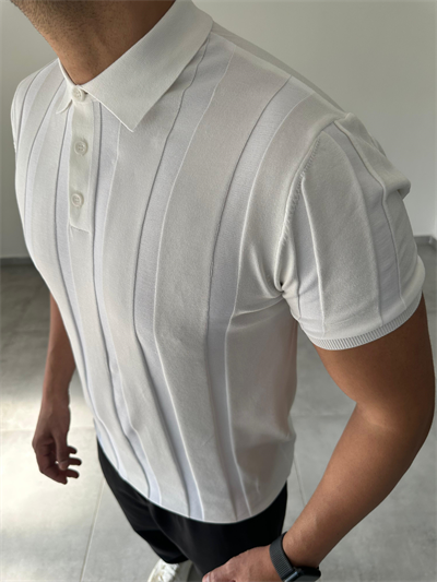 Polo Yaka  Şerit Detaylı Beyaz Renk Triko T-Shirt