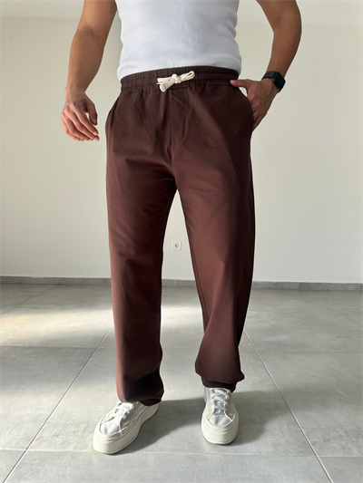 Kahve Renk Yıkamalı Bel Kısmı Lastikli Baggy Keten Pantolon