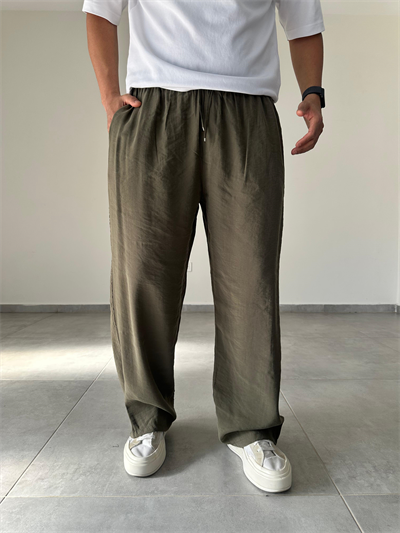 Tensel Kumaş Haki Yeşil Renk Rahat Kesim İnce Baggy Pantolon