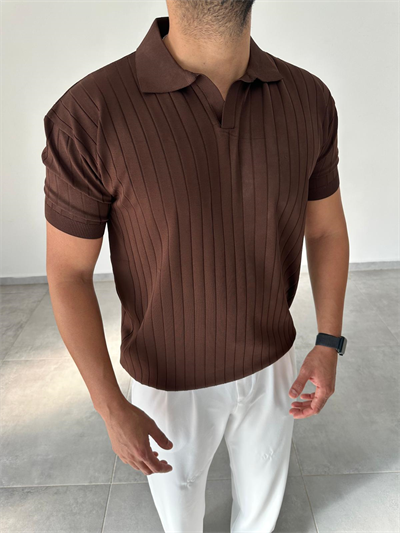 Kahve Renk Şerit Detaylı Polo Yaka T-Shirt