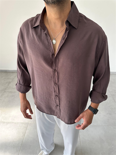 Kahve Renk Modal Kumaş Oversize Kesim Basic Gömlek