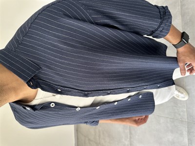 Lacivert Renk Çizgili Oversize Keten Gömlek