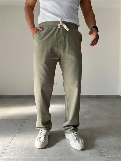 Haki Yeşil Renk Yıkamalı Bel Kısmı Lastikli Baggy Keten Pantolon
