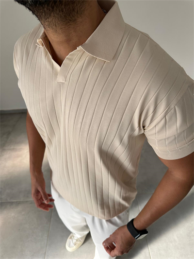 Bej Renk Şerit Detaylı Polo Yaka T-Shirt