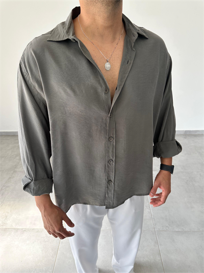Haki Yeşil Renk Modal Kumaş Oversize Kesim Basic Gömlek