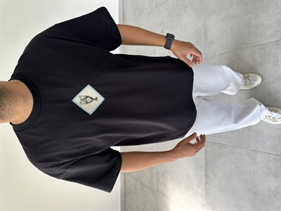 Siyah Renk Rather Be Here Nakış Ve Pantch Detaylı Oversize T-Shirt