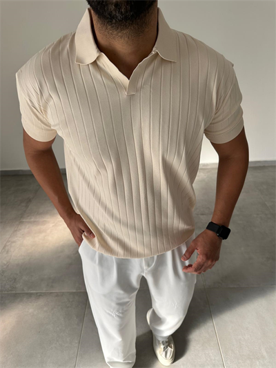 Bej Renk Şerit Detaylı Polo Yaka T-Shirt