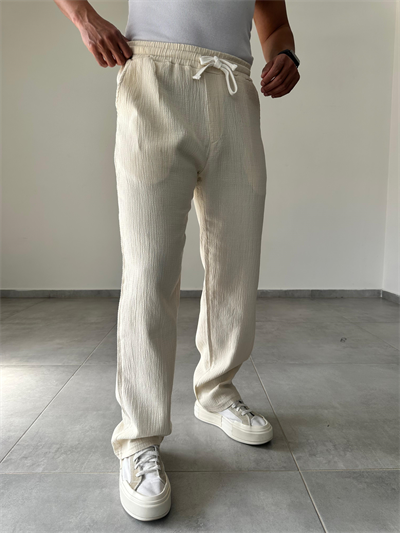 Bej Renk Müslin Keten Baggy Pantolon