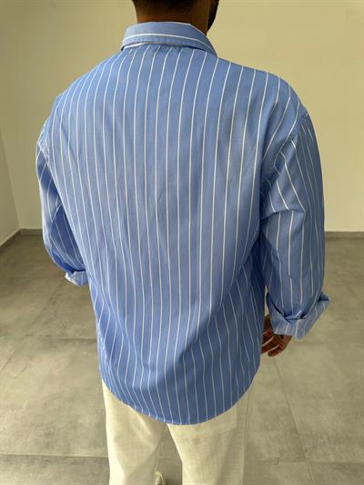 Bebe Mavisi Renk Beyaz Çizgi Detaylı Oversize Kesim Gömlek