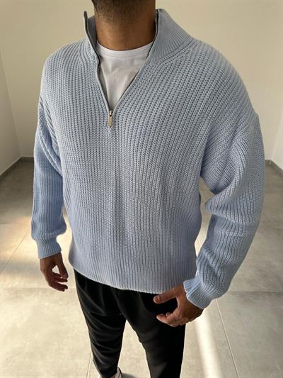 Bebe Mavisi Yarım Fermarlı Oversize Örme Triko Kazak