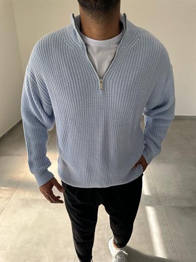 Bebe Mavisi Yarım Fermarlı Oversize Örme Triko Kazak